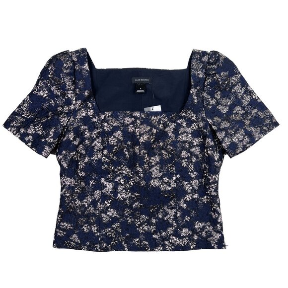 Club Monaco Brocade Puff Sleeve Chemise Floral Navy Gold Recycled Size 6 - NWT - Picture 2 of 7